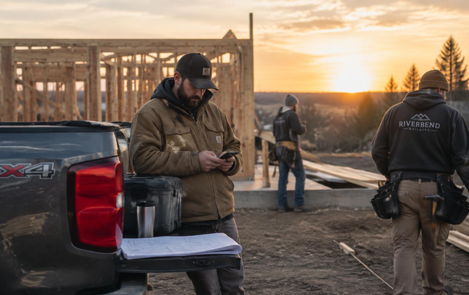 Contractor checking Field CPM on his phone next to his truck at a framing job